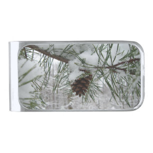 Snowy Pine Branch Winter Nature Photography Silver Finish Money Clip