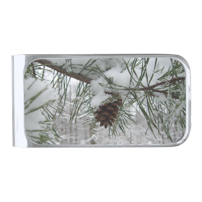 Snowy Pine Branch Winter Nature Photography Silver Finish Money Clip (Front)