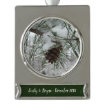 Snowy Pine Branch Winter Nature Photography Silver Plated Banner Ornament
