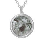 Snowy Pine Branch Winter Nature Photography Silver Plated Necklace