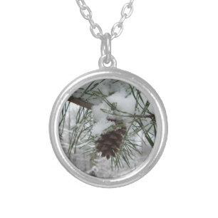 Snowy Pine Branch Winter Nature Photography Silver Plated Necklace