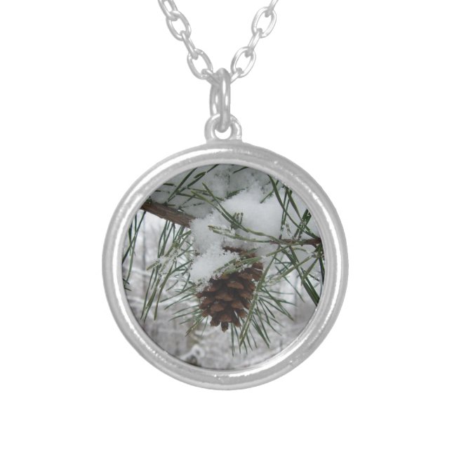 Snowy Pine Branch Winter Nature Photography Silver Plated Necklace (Front)