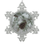 Snowy Pine Branch Winter Nature Photography Snowflake Pewter Christmas Ornament