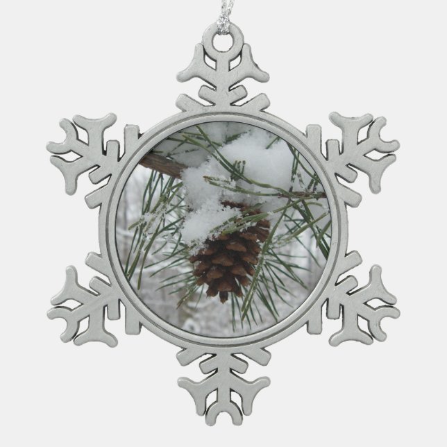Snowy Pine Branch Winter Nature Photography Snowflake Pewter Christmas Ornament (Front)