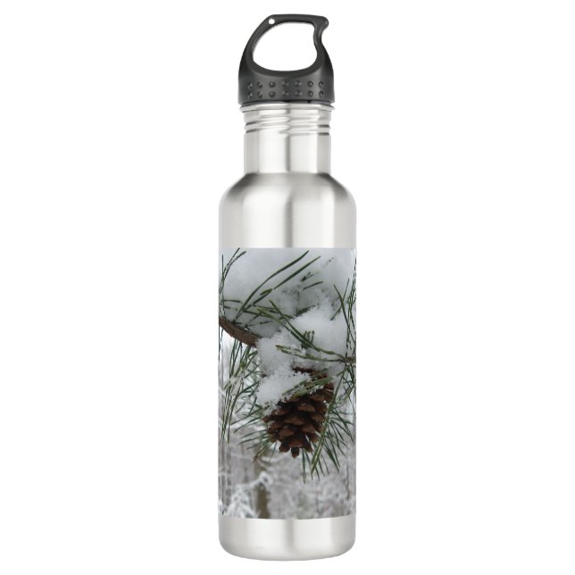 Snowy Pine Branch Winter Nature Photography Stainless Steel Water Bottle (Front)