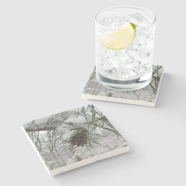 Snowy Pine Branch Winter Nature Photography Stone Coaster (Side)