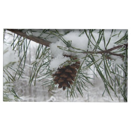 Snowy Pine Branch Winter Nature Photography Table Card Holder