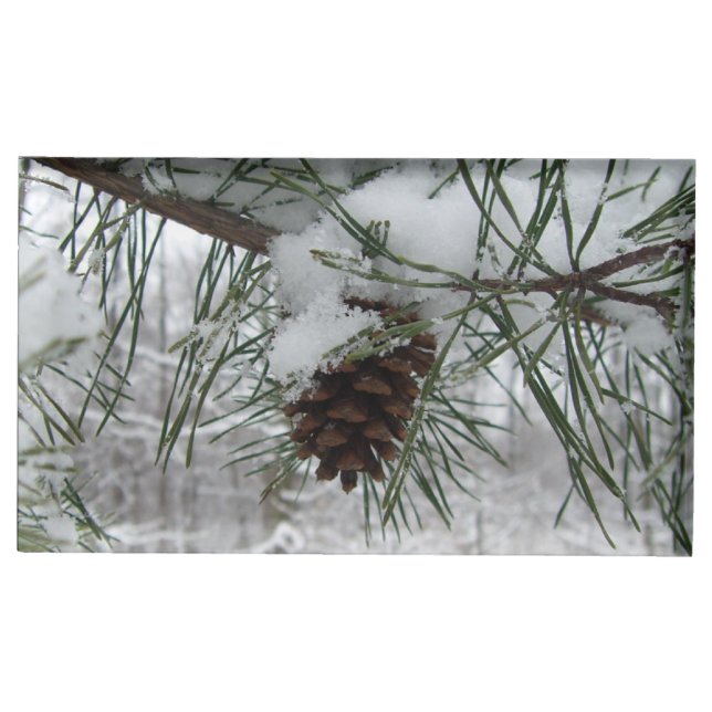 Snowy Pine Branch Winter Nature Photography Table Card Holder (Front)