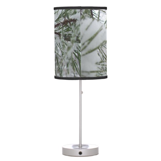 Snowy Pine Branch Winter Nature Photography Table Lamp (Back)