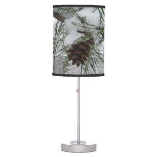 Snowy Pine Branch Winter Nature Photography Table Lamp