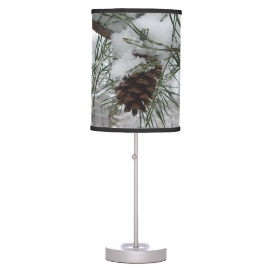 Snowy Pine Branch Winter Nature Photography Table Lamp (Front)
