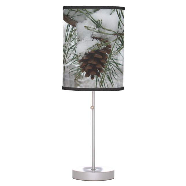 Snowy Pine Branch Winter Nature Photography Table Lamp (Front)