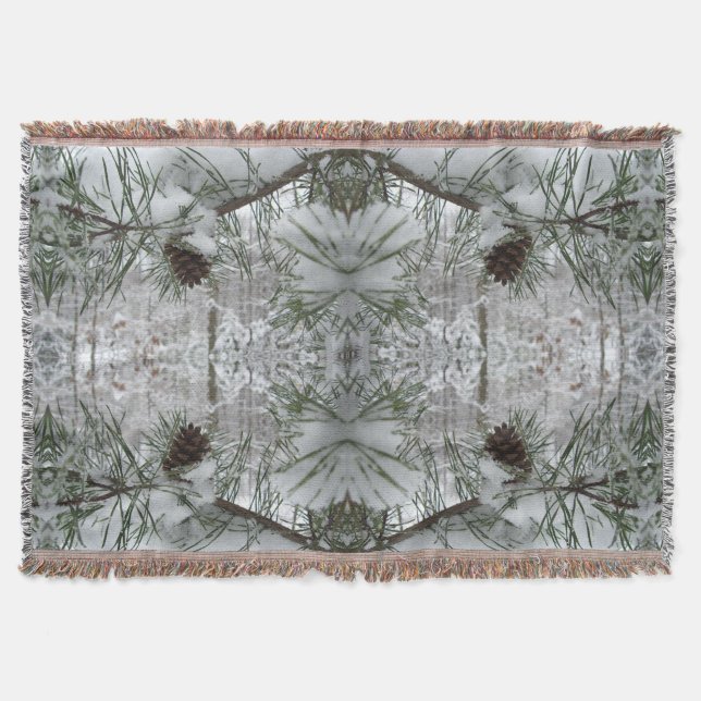 Snowy Pine Branch Winter Nature Photography Throw Blanket (Front)