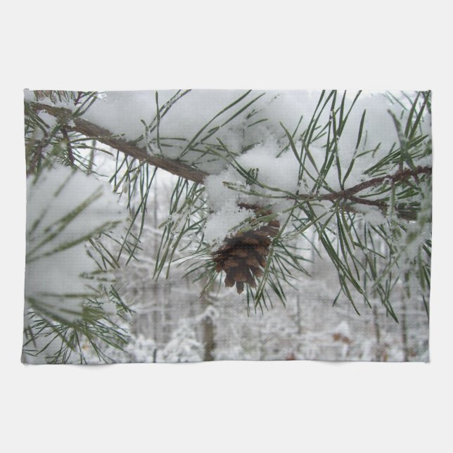 Snowy Pine Branch Winter Nature Photography Towel (Horizontal)
