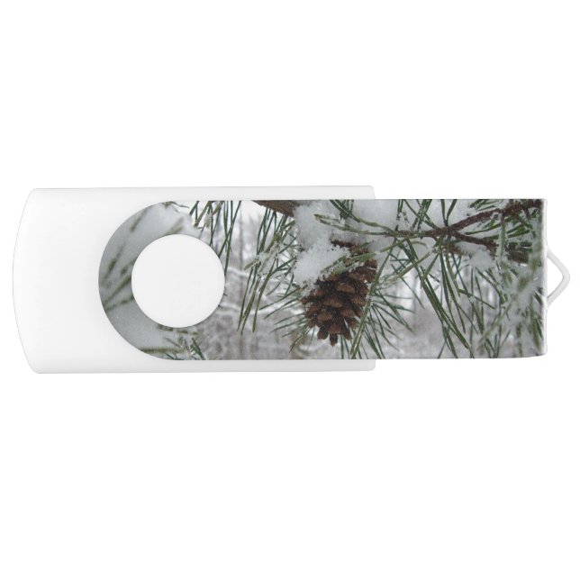 Snowy Pine Branch Winter Nature Photography USB Flash Drive (Front)