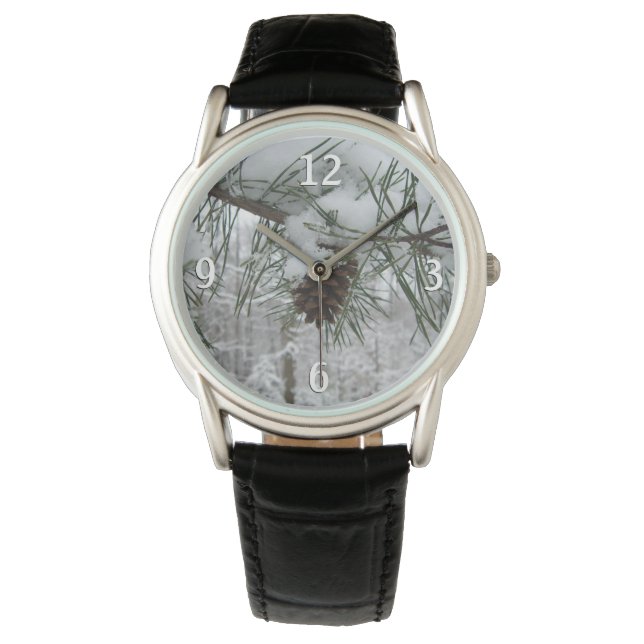 Snowy Pine Branch Winter Nature Photography Watch (Front)