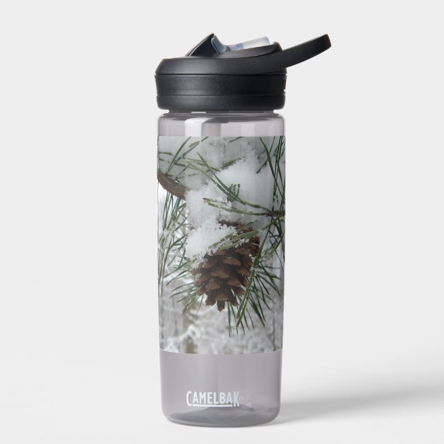 Snowy Pine Branch Winter Nature Photography Water Bottle (Left)