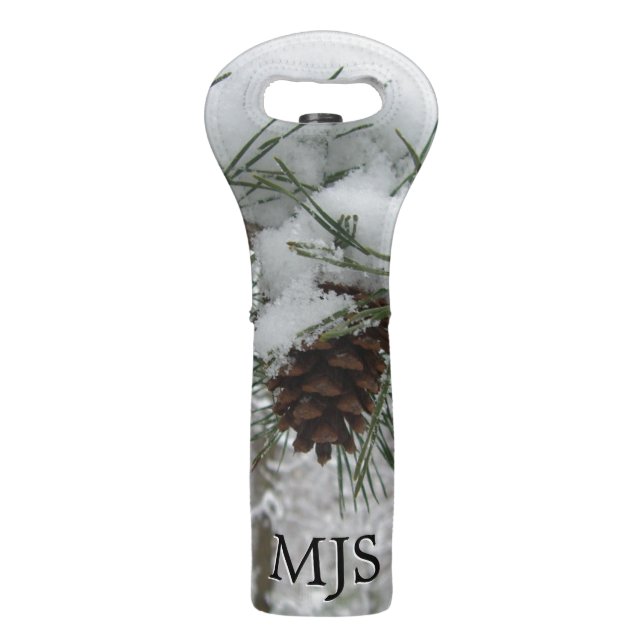 Snowy Pine Branch Winter Nature Photography Wine Bag (Front)