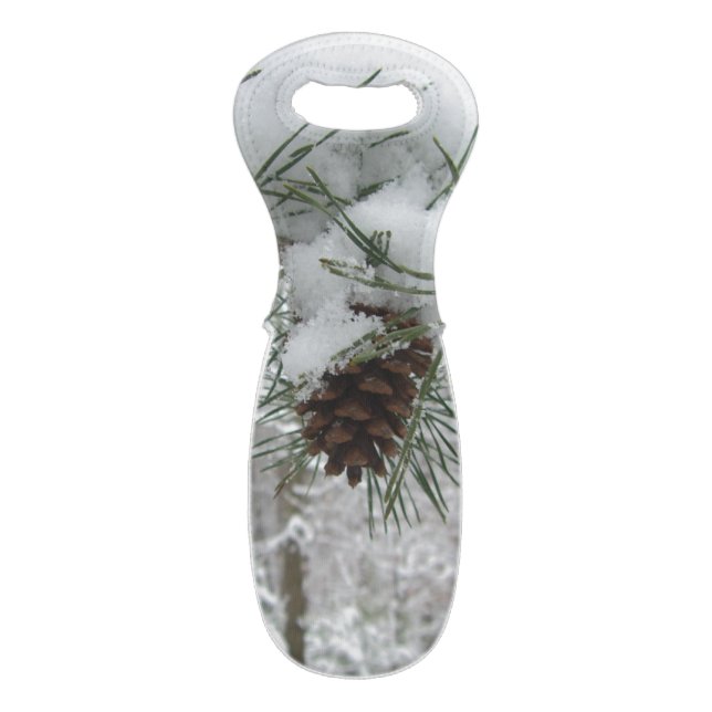 Snowy Pine Branch Winter Nature Photography Wine Bag (Front Flat)