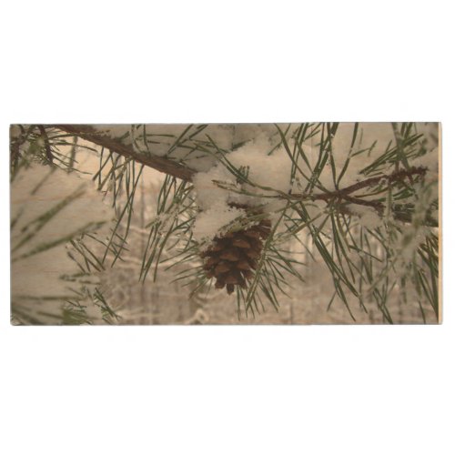 Snowy Pine Branch Winter Nature Photography Wood Flash Drive