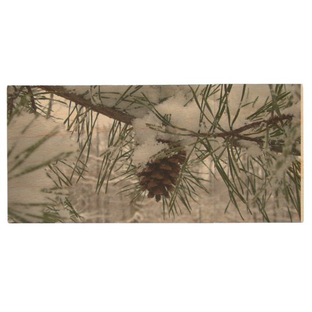 Snowy Pine Branch Winter Nature Photography Wood Flash Drive (Front)