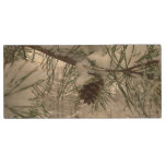 Snowy Pine Branch Winter Nature Photography Wood USB Flash Drive