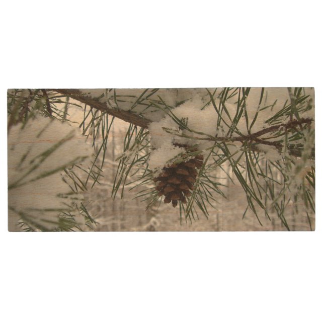 Snowy Pine Branch Winter Nature Photography Wood USB Flash Drive (Front)
