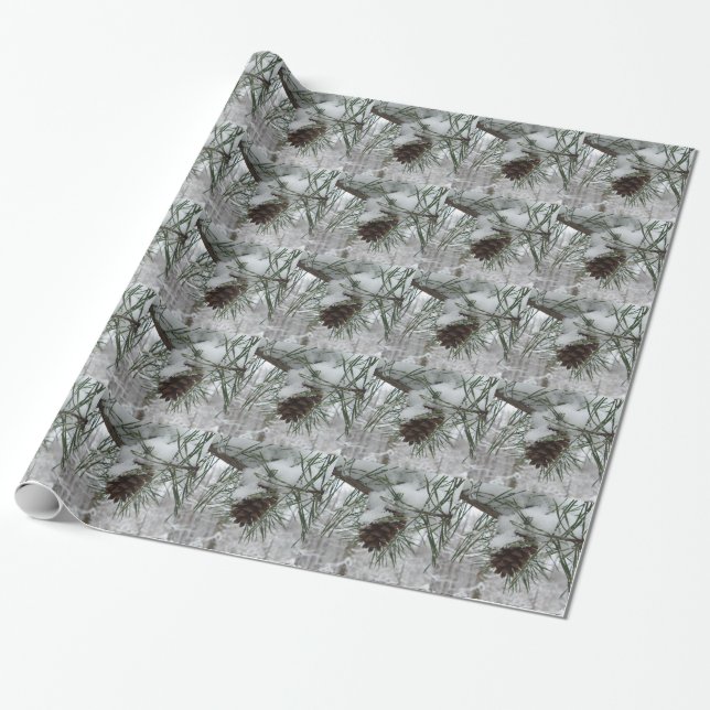 Snowy Pine Branch Winter Nature Photography Wrapping Paper (Unrolled)