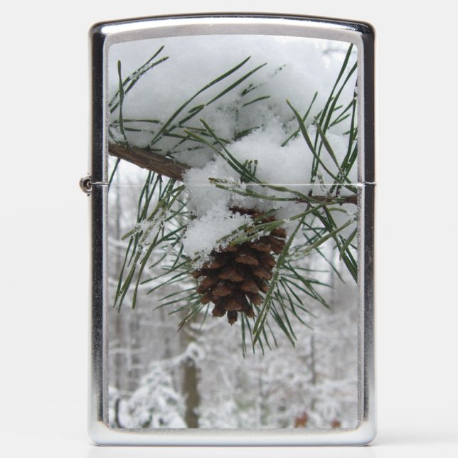 Snowy Pine Branch Winter Nature Photography Zippo Lighter (Front)