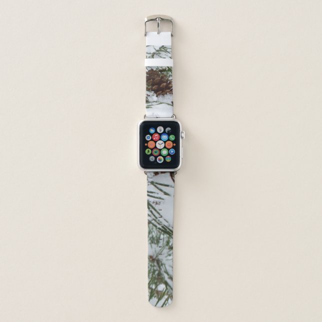 Snowy Pine Cone I Winter Nature Photography Apple Watch Band (Front)