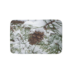 Snowy Pine Cone I Winter Nature Photography Bath Mat