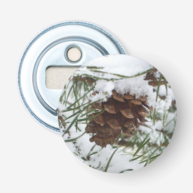 Snowy Pine Cone I Winter Nature Photography Bottle Opener (Front)
