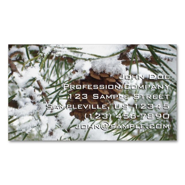 Snowy Pine Cone I Winter Nature Photography Business Card Magnet (Front)