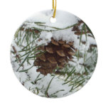 Snowy Pine Cone I Winter Nature Photography Ceramic Ornament