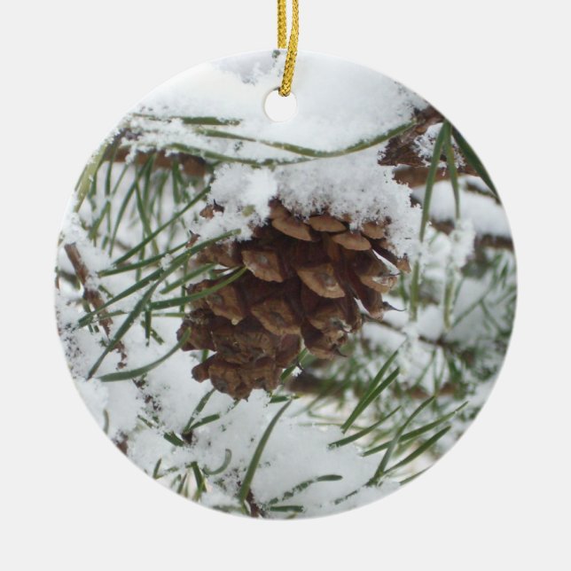 Snowy Pine Cone I Winter Nature Photography Ceramic Ornament (Front)