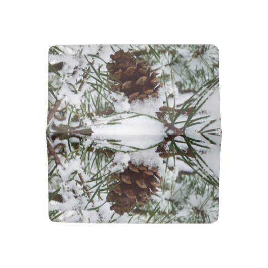Snowy Pine Cone I Winter Nature Photography Checkbook Cover (Open)