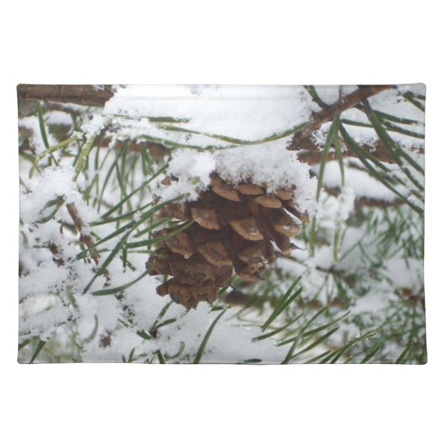 Snowy Pine Cone I Winter Nature Photography Cloth Placemat (Front)