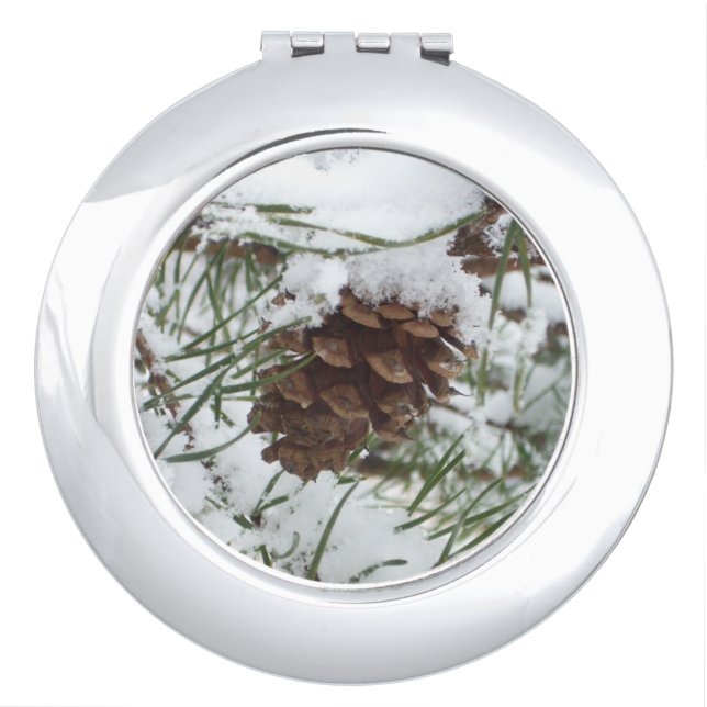 Snowy Pine Cone I Winter Nature Photography Compact Mirror (Front)
