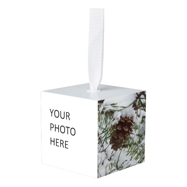 Snowy Pine Cone I Winter Nature Photography Cube Ornament (Front Angled)