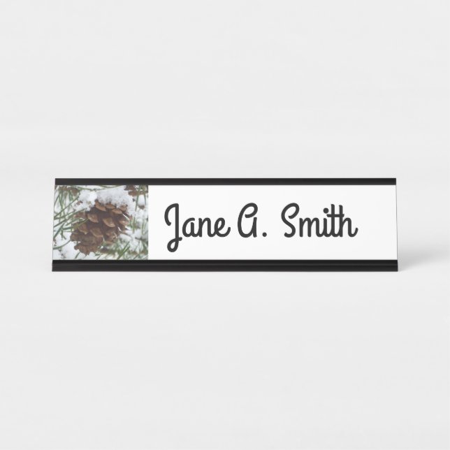 Snowy Pine Cone I Winter Nature Photography Desk Name Plate (Front)