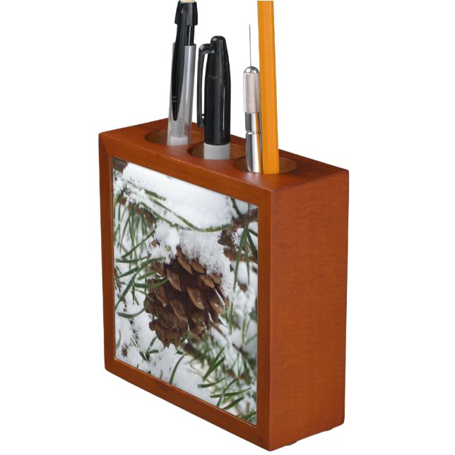Snowy Pine Cone I Winter Nature Photography Desk Organizer (In Situ)