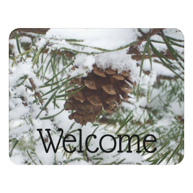 Snowy Pine Cone I Winter Nature Photography Door Sign (Contemporary Front)