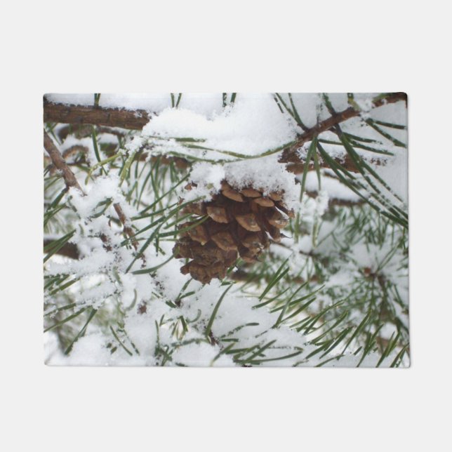 Snowy Pine Cone I Winter Nature Photography Doormat (Front)
