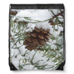 Snowy Pine Cone I Winter Nature Photography Drawstring Bag