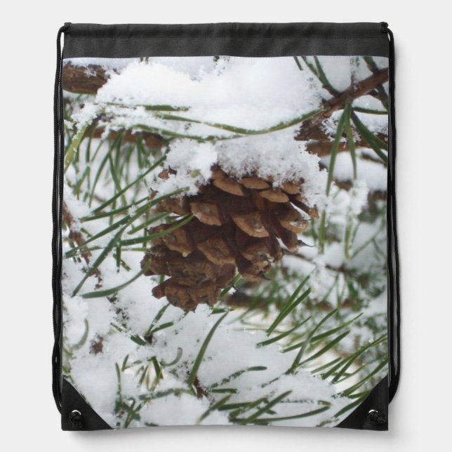 Snowy Pine Cone I Winter Nature Photography Drawstring Bag (Front)