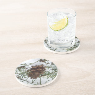 Snowy Pine Cone I Winter Nature Photography Drink Coaster