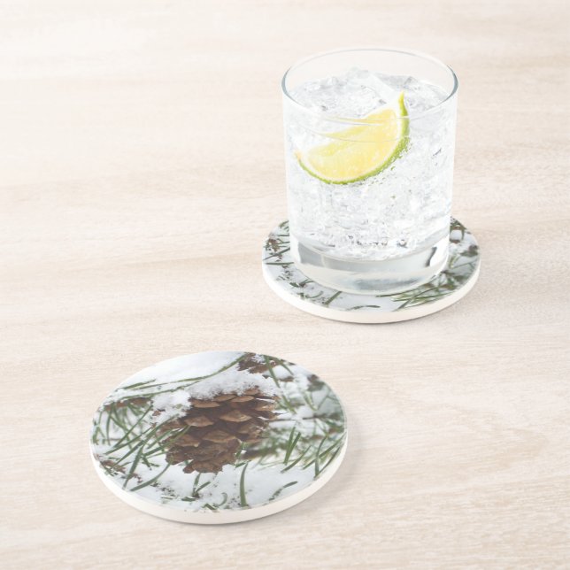 Snowy Pine Cone I Winter Nature Photography Drink Coaster (Side)