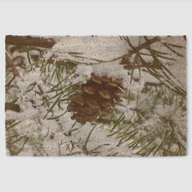 Snowy Pine Cone I Winter Nature Photography Fiber Doormat (Front)