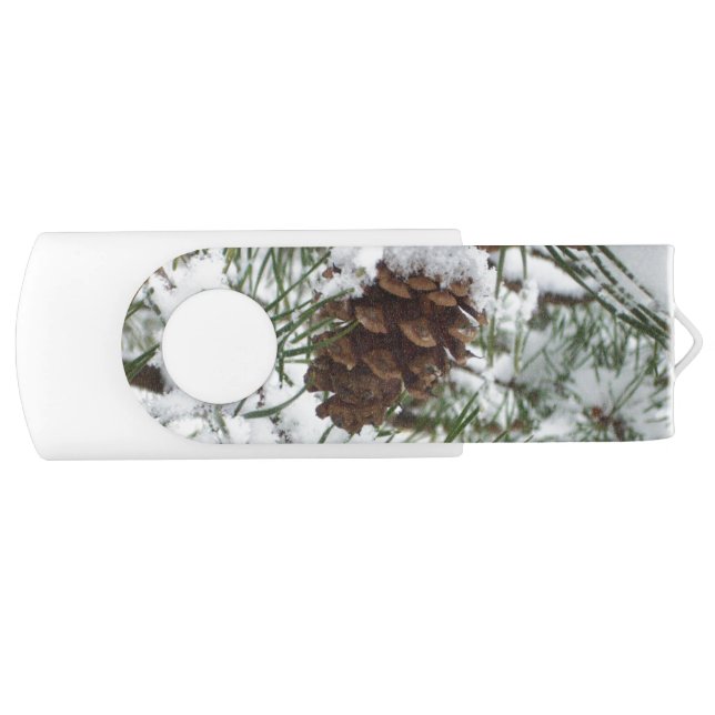 Snowy Pine Cone I Winter Nature Photography Flash Drive (Front)