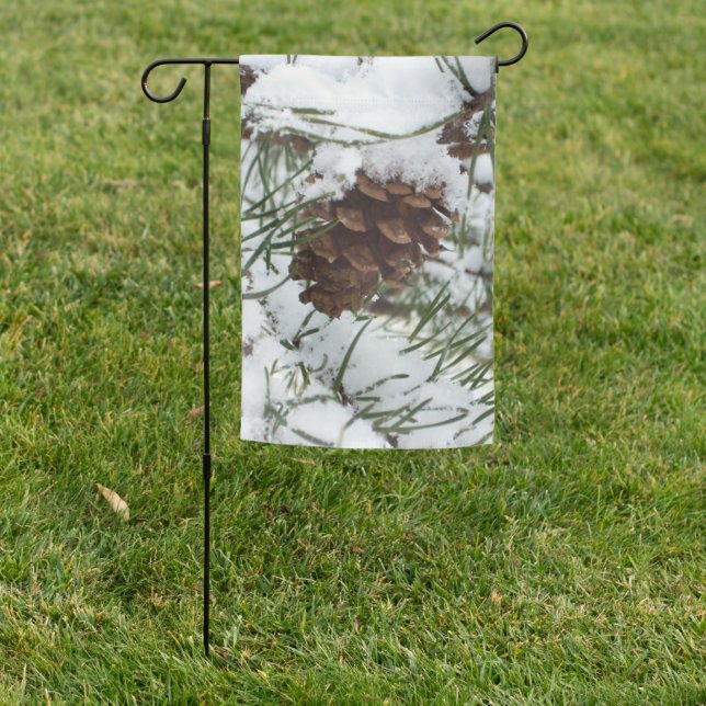 Snowy Pine Cone I Winter Nature Photography Garden Flag (In SItu)